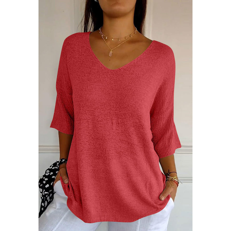 V-Neck Three-Quarter Sleeve Knit Top Strawberry / One Size Apparel and Accessories
