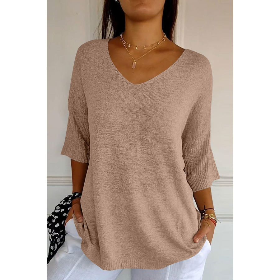 V-Neck Three-Quarter Sleeve Knit Top Tan / One Size Apparel and Accessories