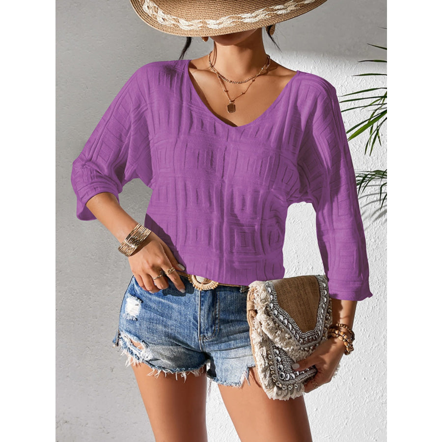 V-Neck Three-Quarter Sleeve Knit Top Vivid Violet / S Apparel and Accessories