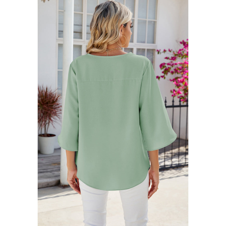 V - Neck Three - Quarter Sleeve Top Gum Leaf / S Apparel and Accessories