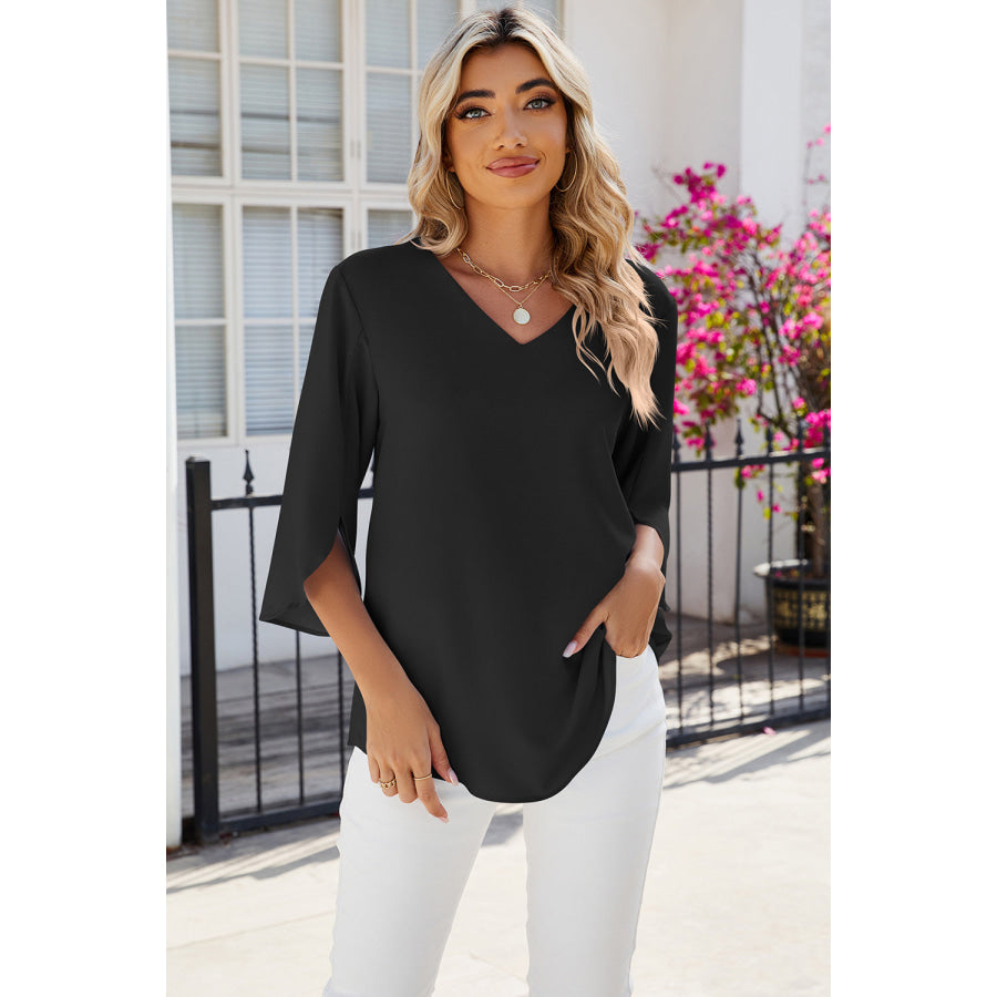 V - Neck Three - Quarter Sleeve Top Black / S Apparel and Accessories