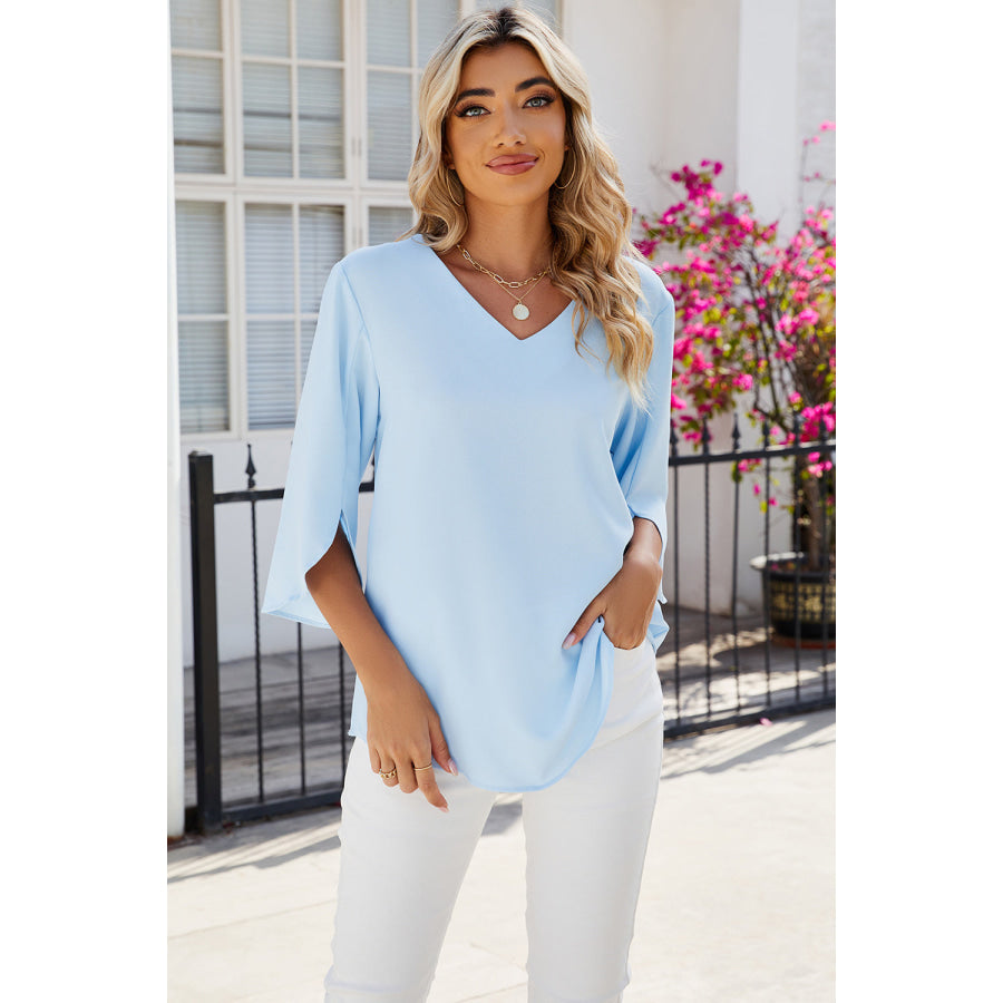 V - Neck Three - Quarter Sleeve Top Pastel Blue / S Apparel and Accessories