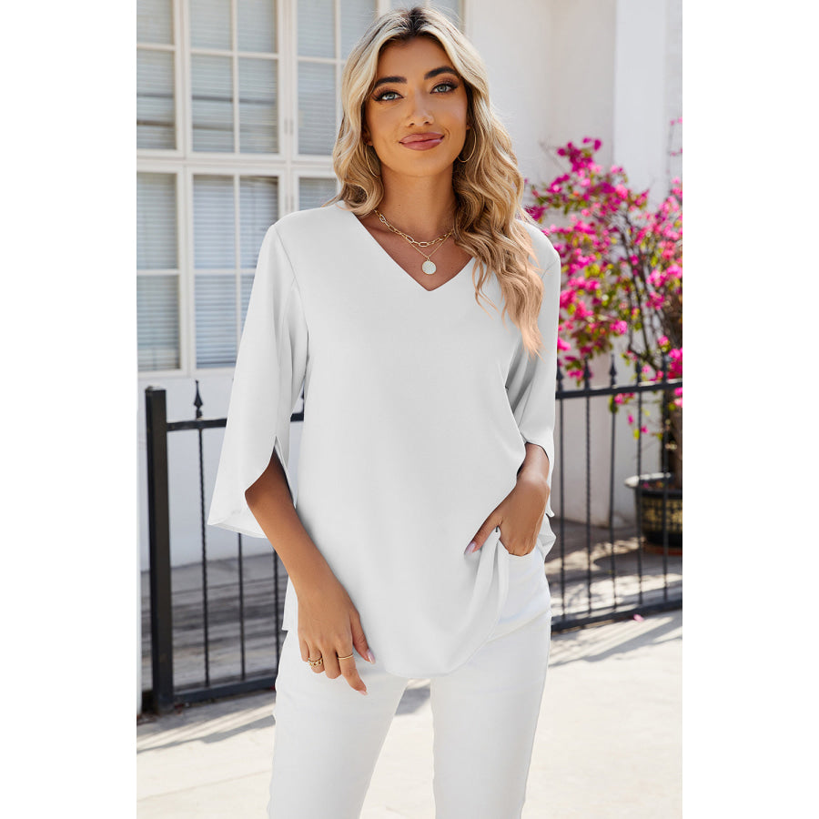 V - Neck Three - Quarter Sleeve Top White / S Apparel and Accessories