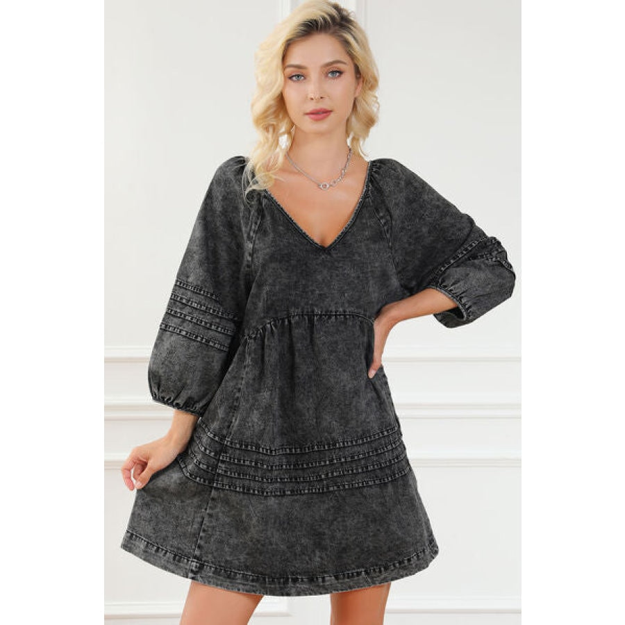 V-Neck Tie Back Mini Denim Dress Black / S Clothing