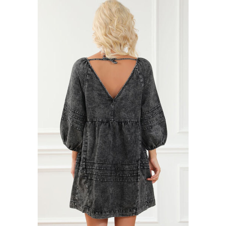 V-Neck Tie Back Mini Denim Dress Clothing