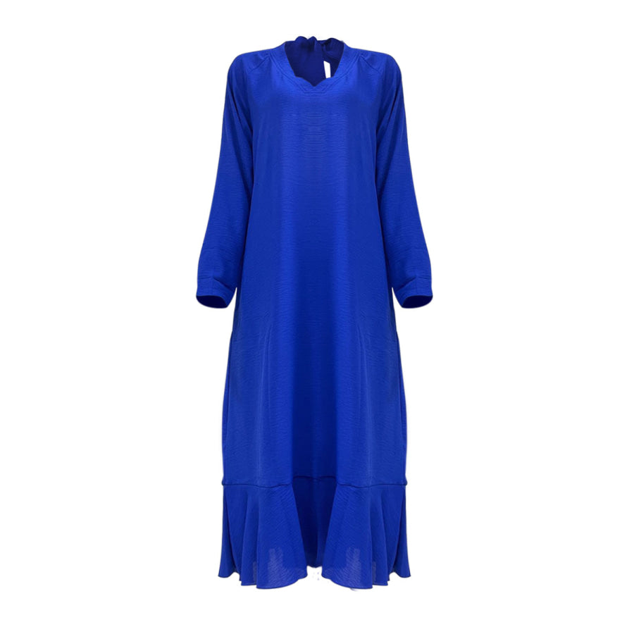 V - Neck Tie Back Ruffle Hem Midi Dress Royal Blue / S Apparel and Accessories