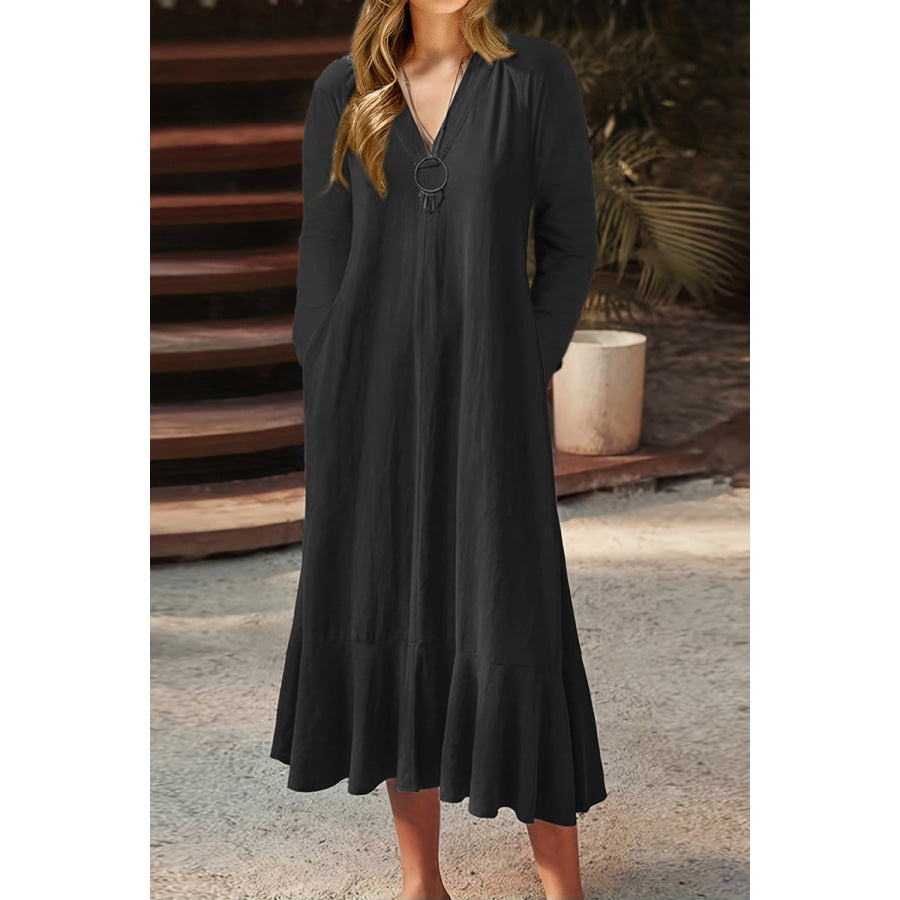 V - Neck Tie Back Ruffle Hem Midi Dress Black / S Apparel and Accessories