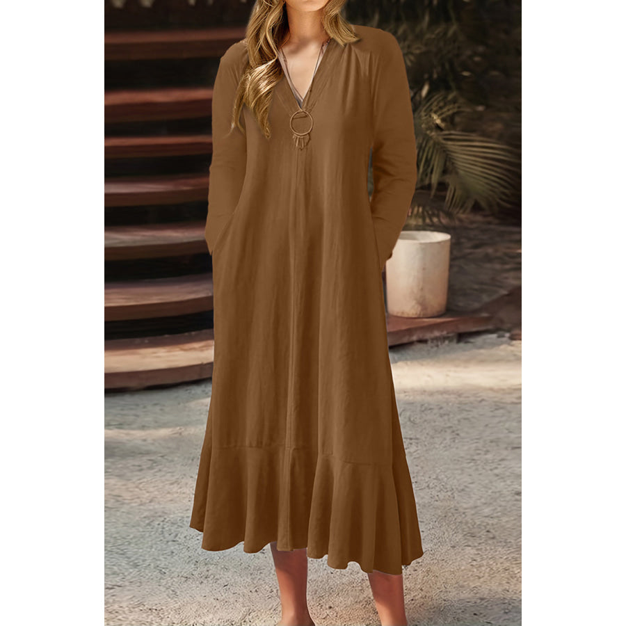 V - Neck Tie Back Ruffle Hem Midi Dress Camel / S Apparel and Accessories