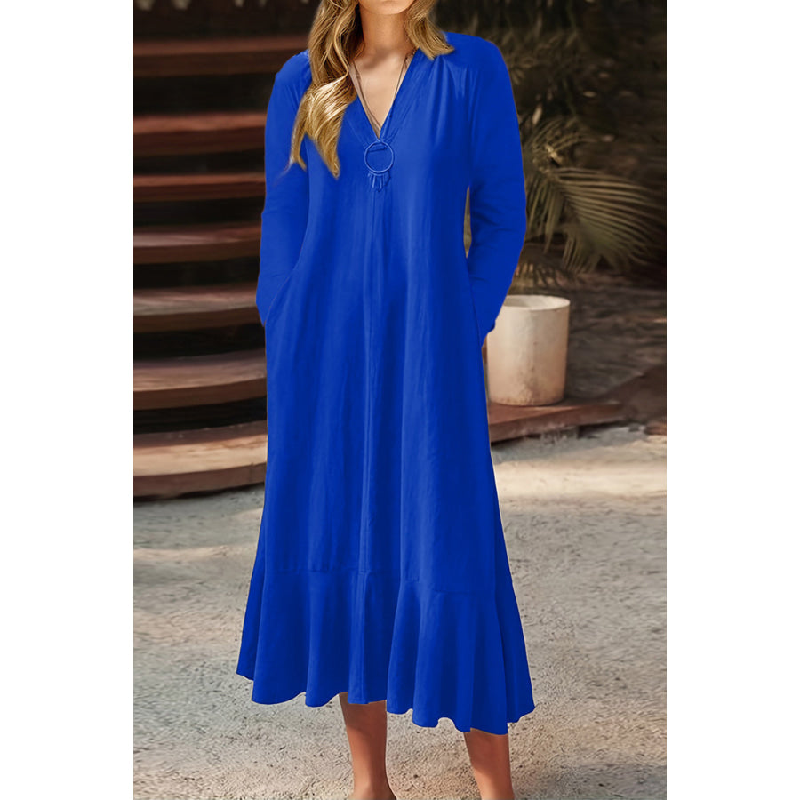 V - Neck Tie Back Ruffle Hem Midi Dress Royal Blue / S Apparel and Accessories