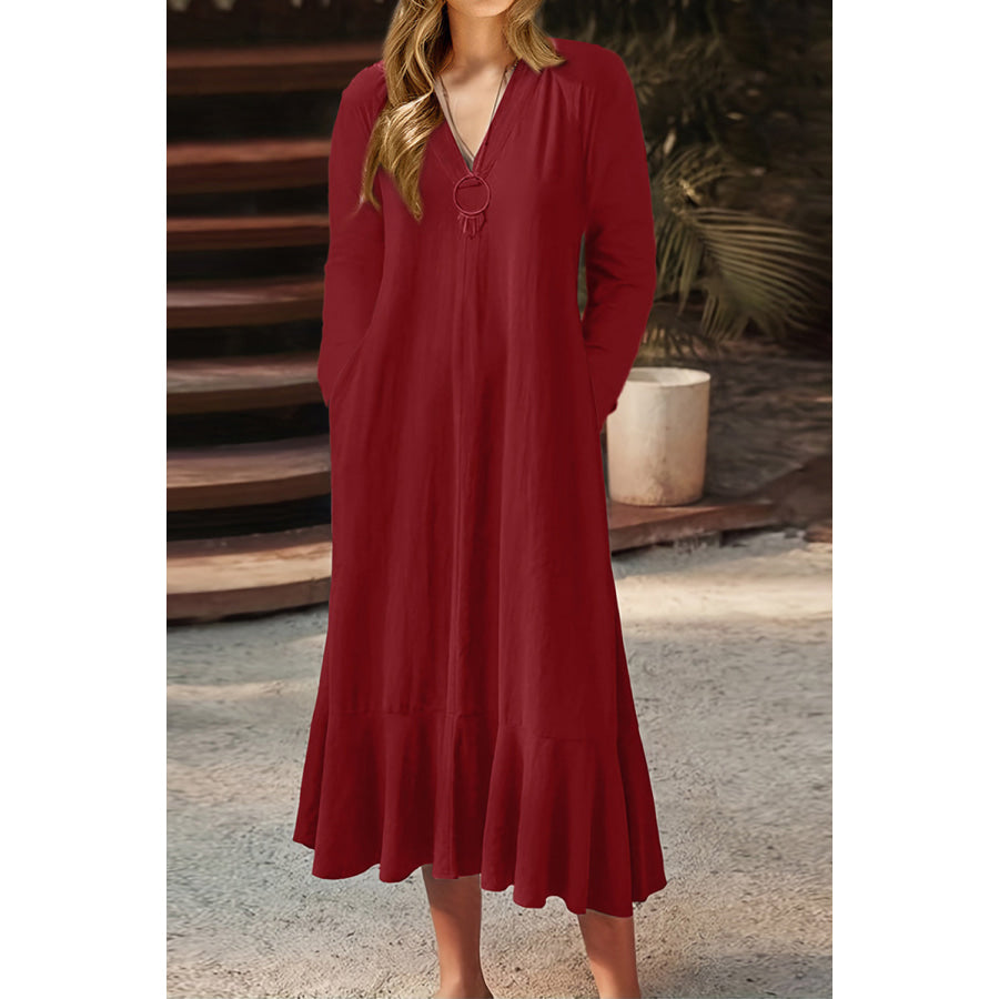 V - Neck Tie Back Ruffle Hem Midi Dress Wine / S Apparel and Accessories