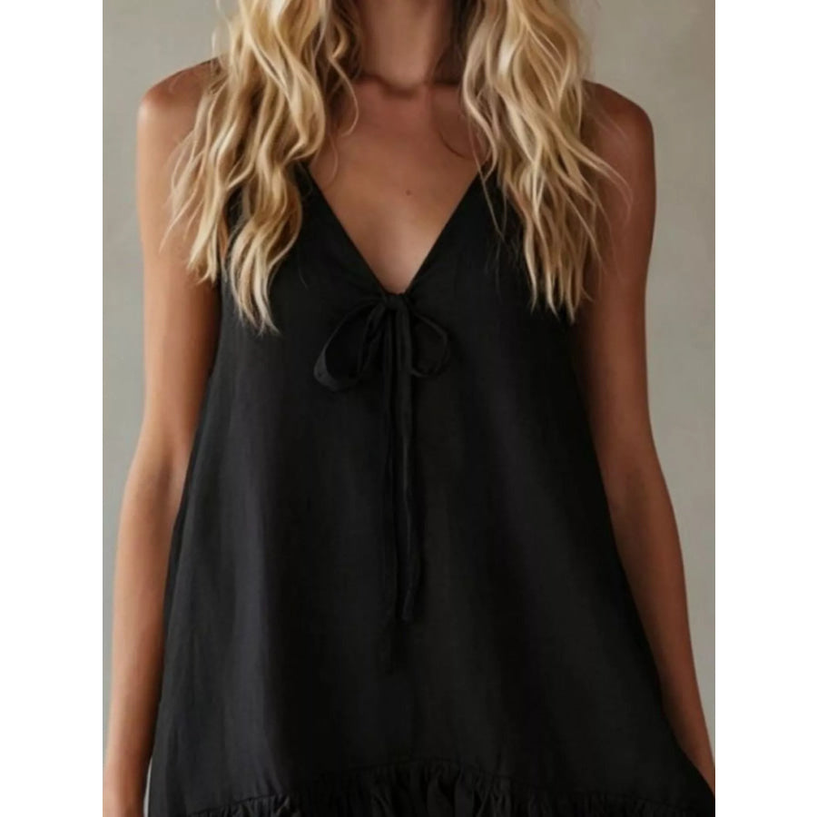 V-Neck Tie Front Ruffle Hem Mini Dress Apparel and Accessories