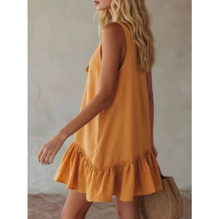 V-Neck Tie Front Ruffle Hem Mini Dress Apparel and Accessories
