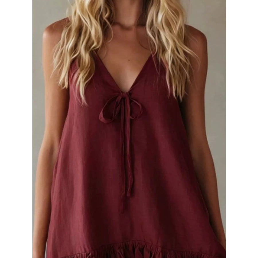 V-Neck Tie Front Ruffle Hem Mini Dress Apparel and Accessories