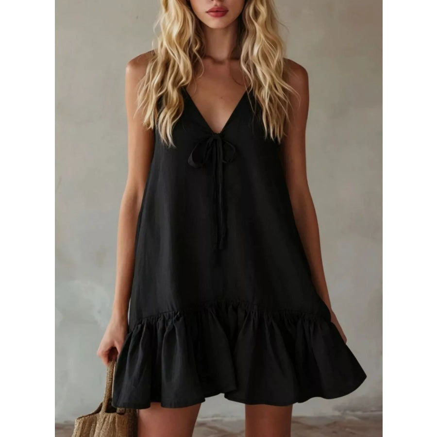 V-Neck Tie Front Ruffle Hem Mini Dress Black / S Apparel and Accessories