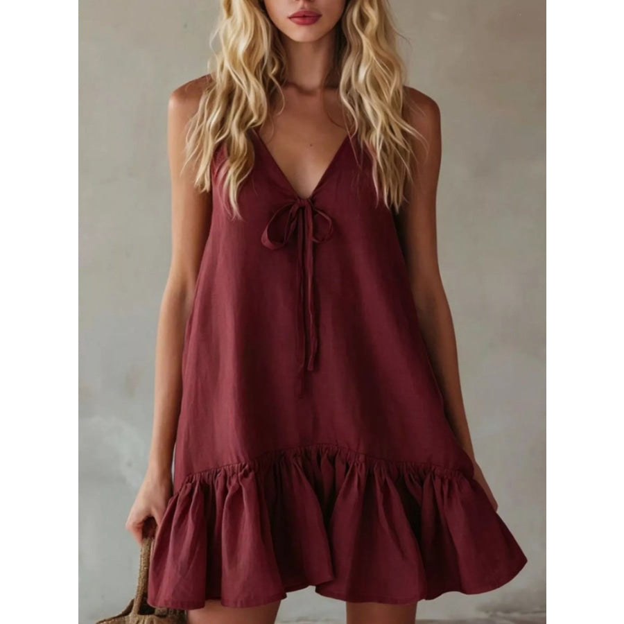 V-Neck Tie Front Ruffle Hem Mini Dress Burgundy / S Apparel and Accessories