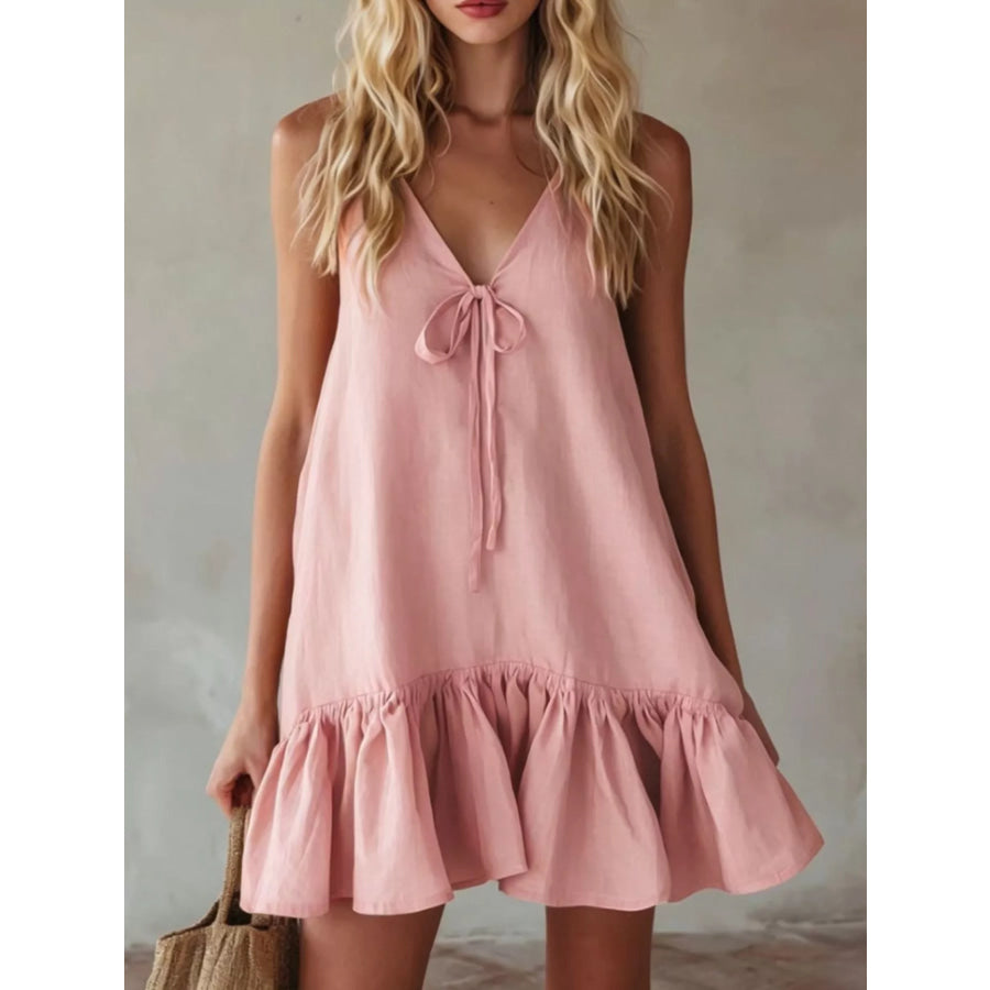 V-Neck Tie Front Ruffle Hem Mini Dress Pink / S Apparel and Accessories