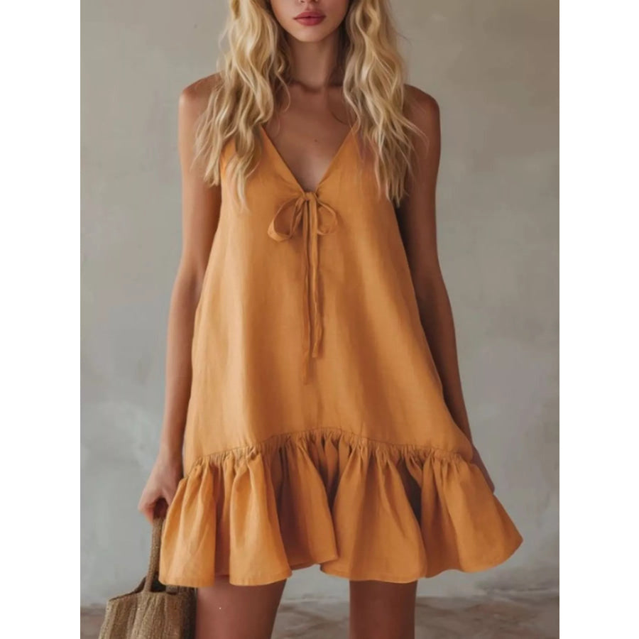 V-Neck Tie Front Ruffle Hem Mini Dress Turmeric / S Apparel and Accessories