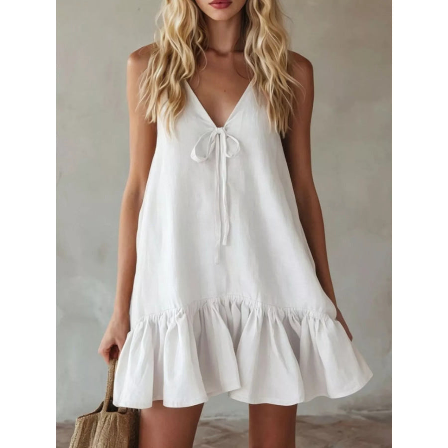 V-Neck Tie Front Ruffle Hem Mini Dress White / S Apparel and Accessories