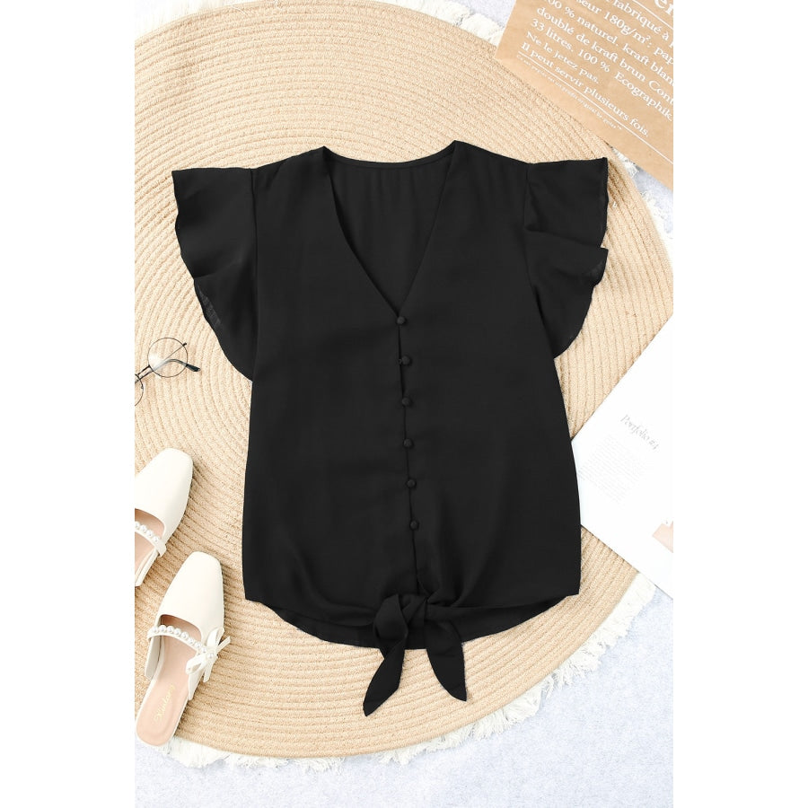 V-Neck Tie Hem Flutter Sleeve Blouse Black / S