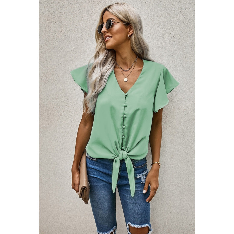 V-Neck Tie Hem Flutter Sleeve Blouse Gum Leaf / S