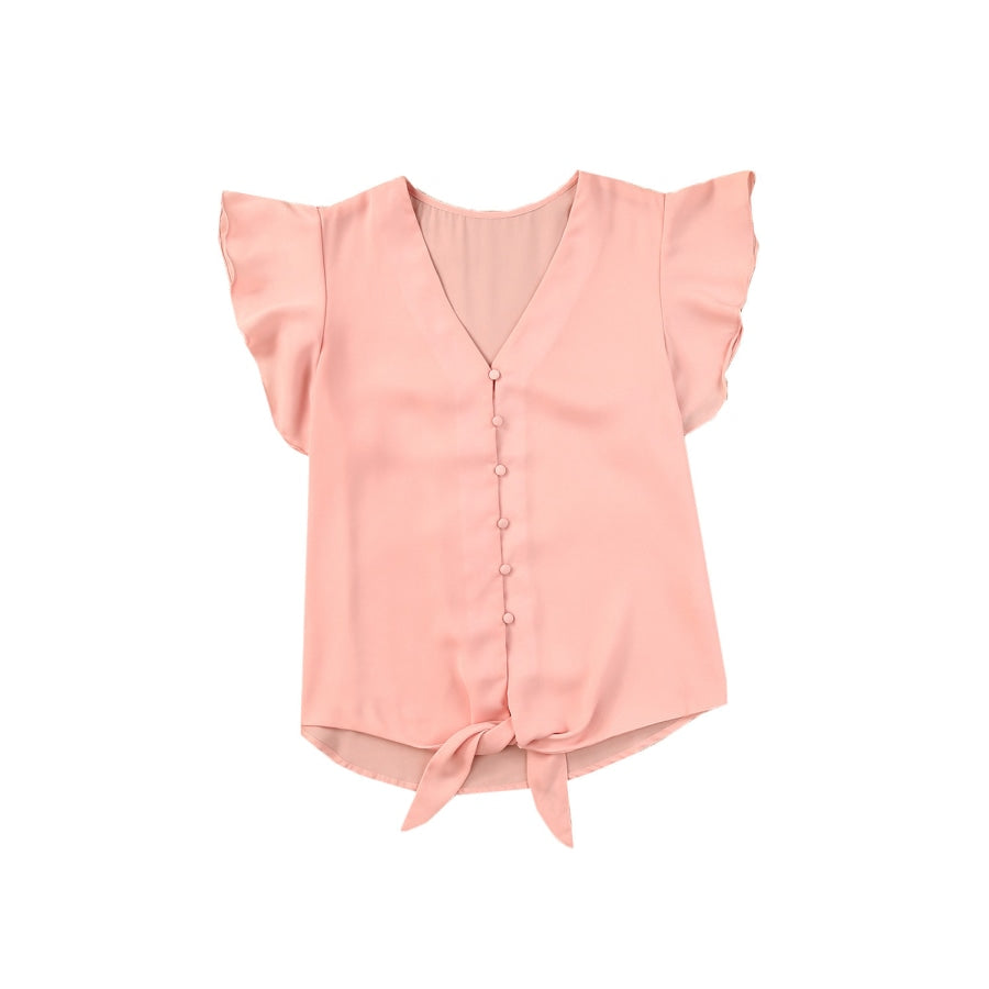 V-Neck Tie Hem Flutter Sleeve Blouse Peach / S