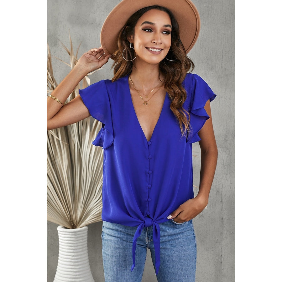 V-Neck Tie Hem Flutter Sleeve Blouse Royal Blue / S