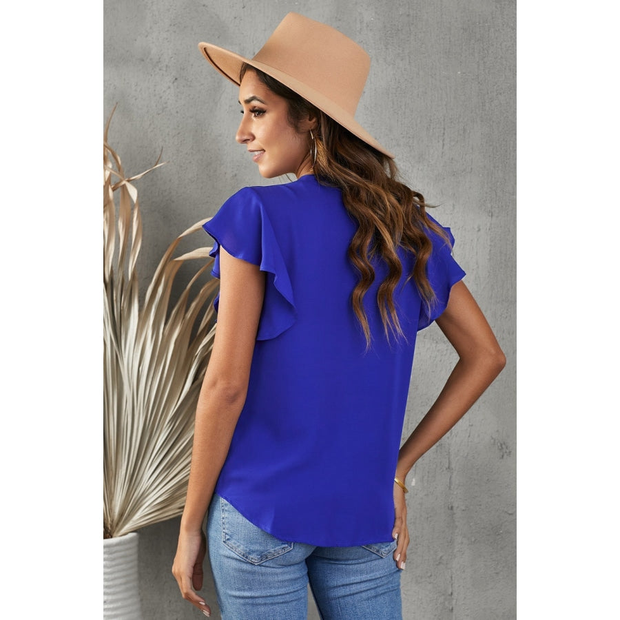 V-Neck Tie Hem Flutter Sleeve Blouse Royal Blue / S