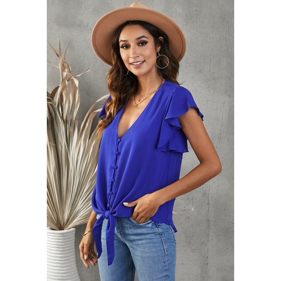 V-Neck Tie Hem Flutter Sleeve Blouse