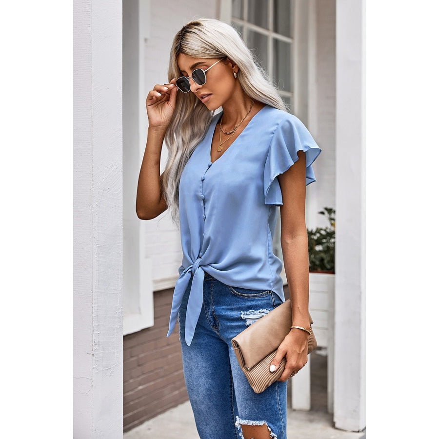 V-Neck Tie Hem Flutter Sleeve Blouse