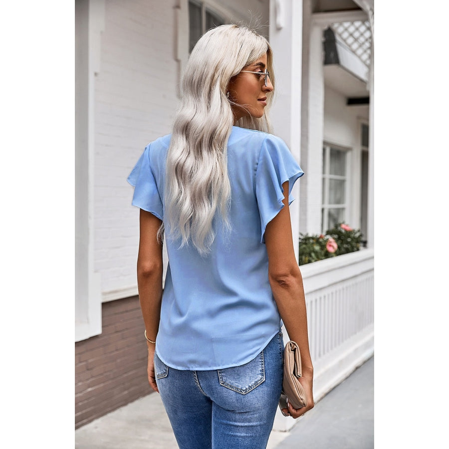 V-Neck Tie Hem Flutter Sleeve Blouse