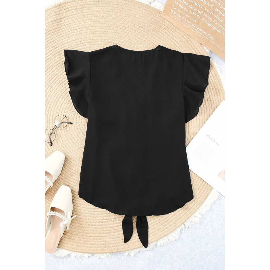 V-Neck Tie Hem Flutter Sleeve Blouse