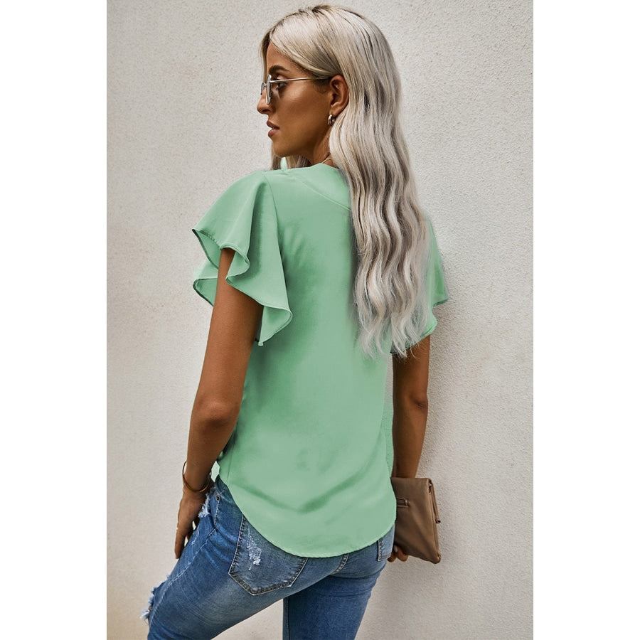 V-Neck Tie Hem Flutter Sleeve Blouse