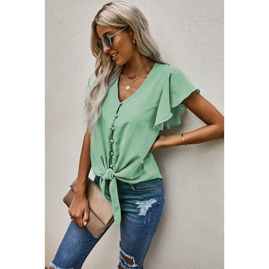 V-Neck Tie Hem Flutter Sleeve Blouse