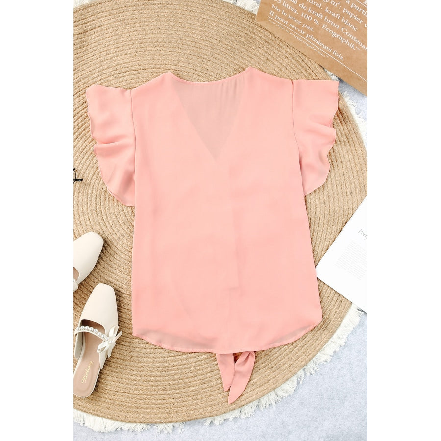 V-Neck Tie Hem Flutter Sleeve Blouse