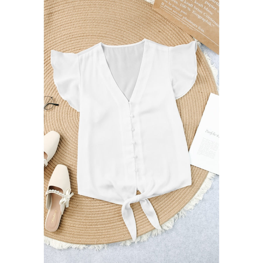 V-Neck Tie Hem Flutter Sleeve Blouse White / S