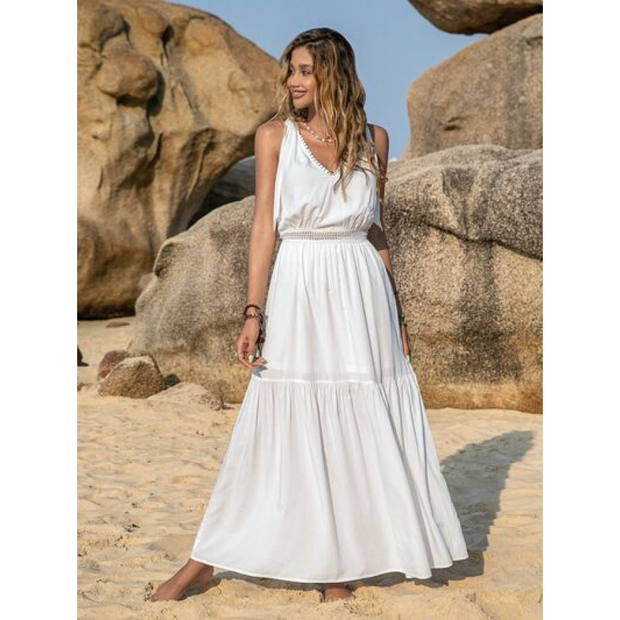 V-Neck Tie Shoulder Crochet Maxi Dress White / S Clothing