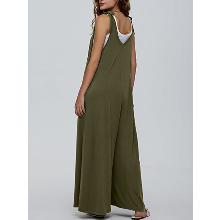 V-Neck Tie Shoulder Jumpsuit Army Green / S Apparel and Accessories