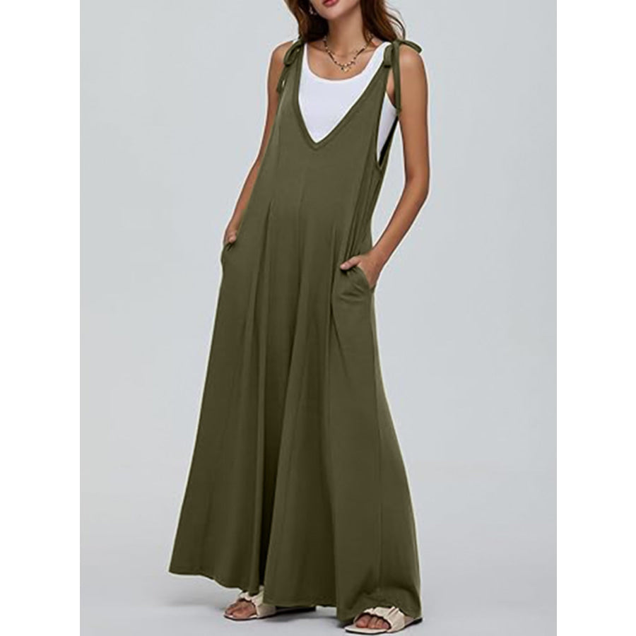 V-Neck Tie Shoulder Jumpsuit Army Green / S Apparel and Accessories