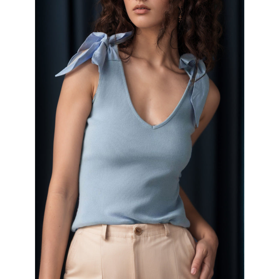 V-Neck Tie Shoulder Tank Light Blue / S Apparel and Accessories