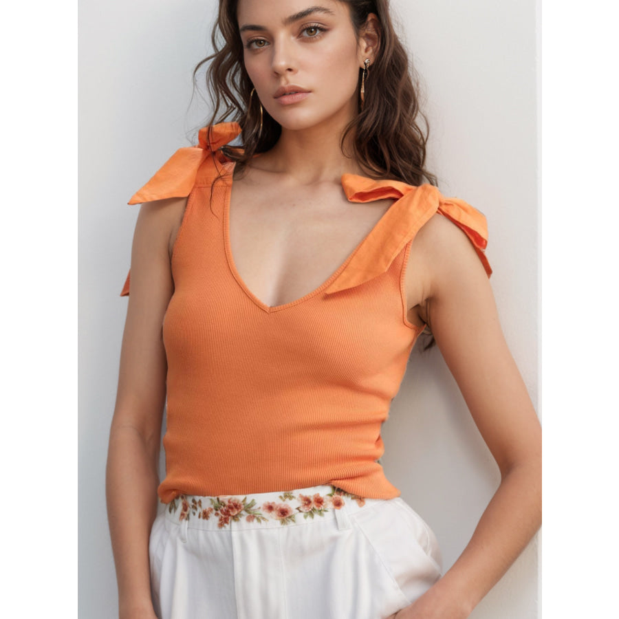 V-Neck Tie Shoulder Tank Sherbet / S Apparel and Accessories