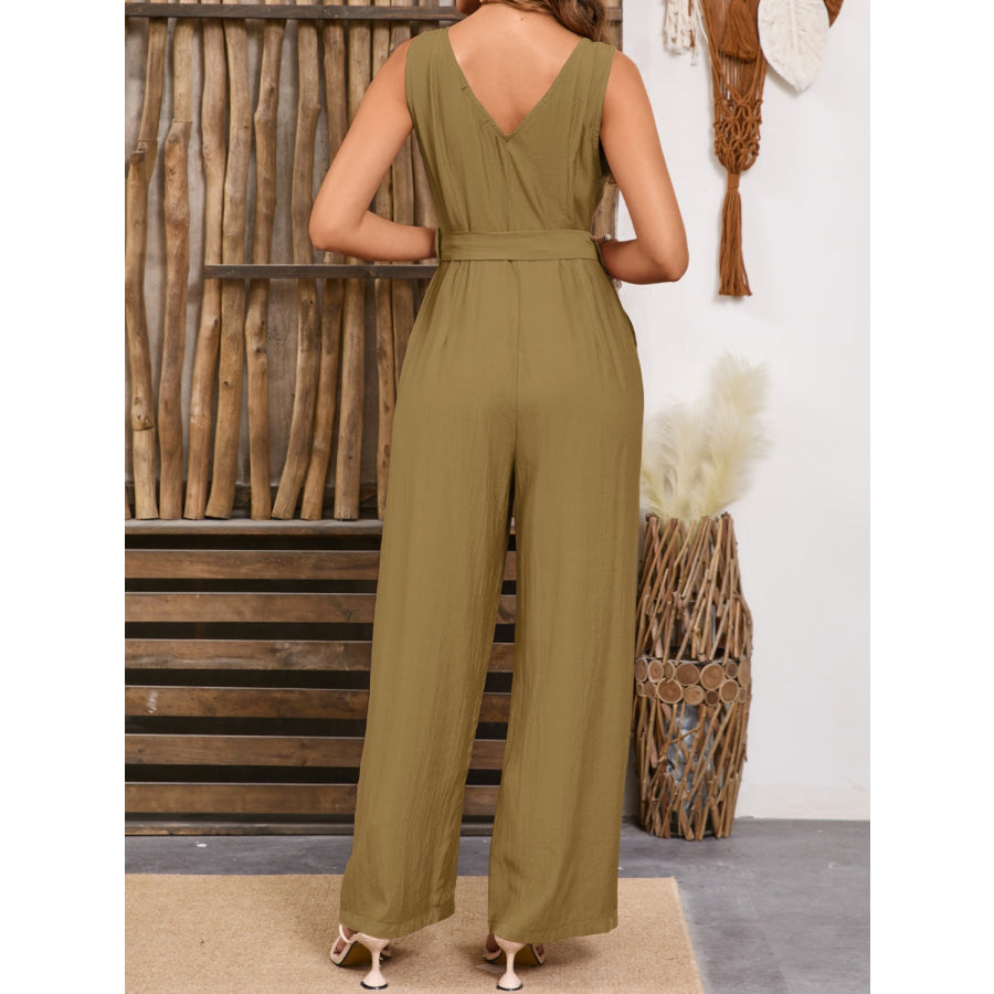 V-Neck Tie Waist Jumpsuit Apparel and Accessories