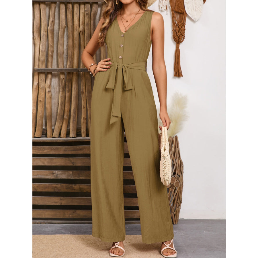 V-Neck Tie Waist Jumpsuit Apparel and Accessories