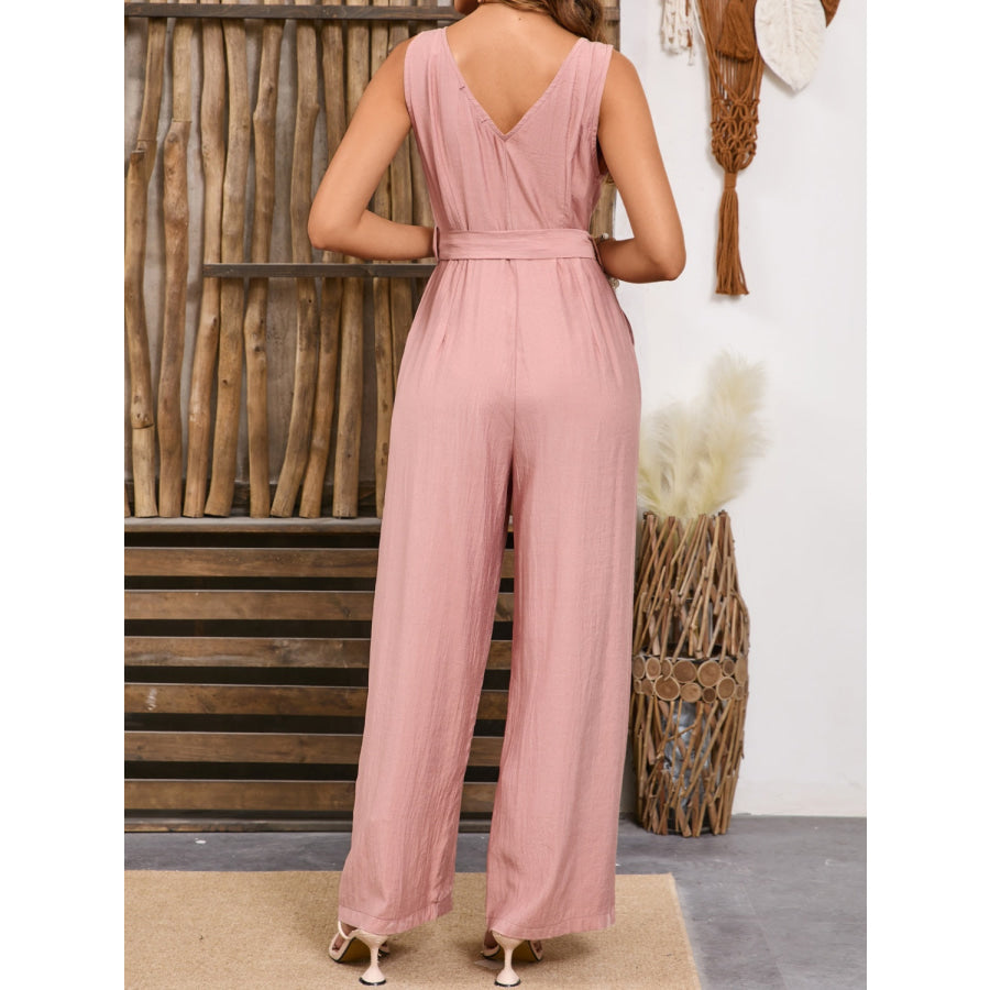 V-Neck Tie Waist Jumpsuit Apparel and Accessories