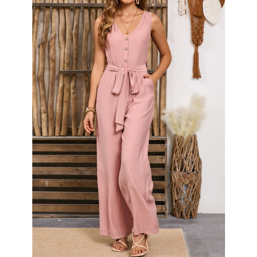 V-Neck Tie Waist Jumpsuit Apparel and Accessories