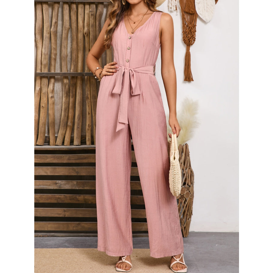 V-Neck Tie Waist Jumpsuit Dusty Pink / S Apparel and Accessories