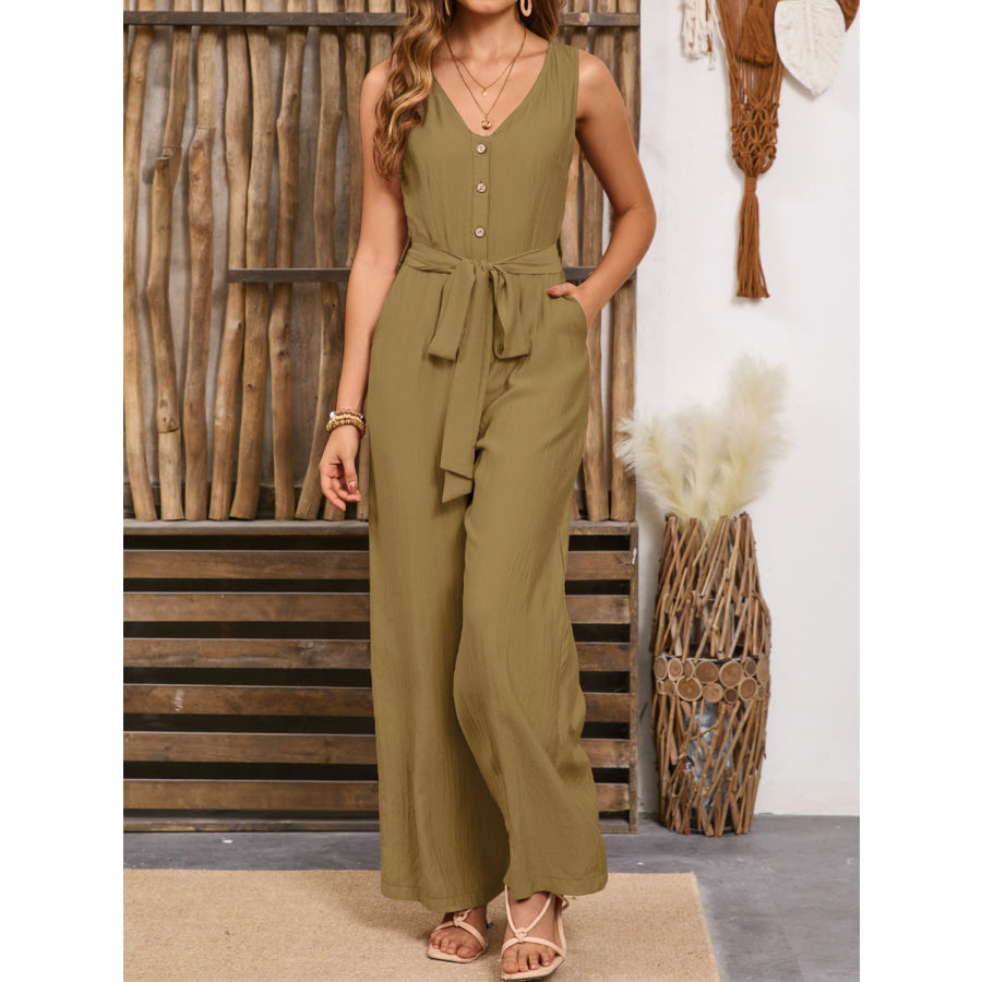 V-Neck Tie Waist Jumpsuit Olive / S Apparel and Accessories