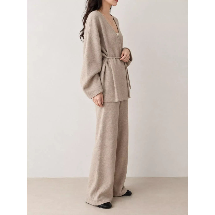 V-Neck Tied Wrap Cardigan and Wide-Leg Pants Sweater Set Apparel Accessories