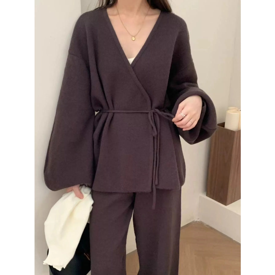 V-Neck Tied Wrap Cardigan and Wide-Leg Pants Sweater Set Apparel Accessories
