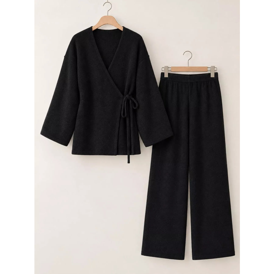 V-Neck Tied Wrap Cardigan and Wide-Leg Pants Sweater Set Apparel Accessories