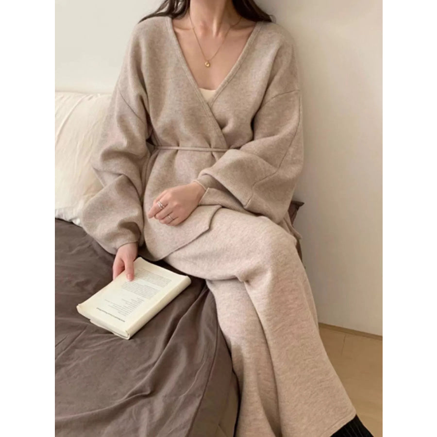 V-Neck Tied Wrap Cardigan and Wide-Leg Pants Sweater Set Apparel Accessories